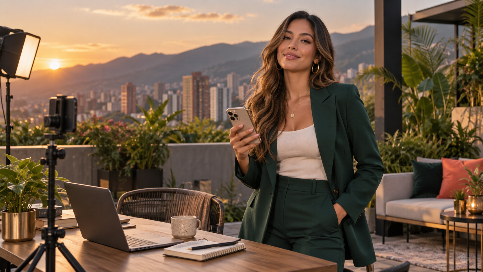 Creadora colombiana usando un telefono en un estudio de contenido